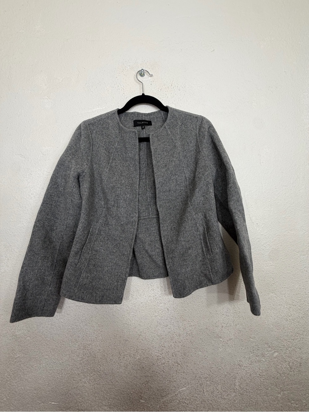 Talbots XS Wool Blend Peplum Jacket Gray Collarless Open Front Coat